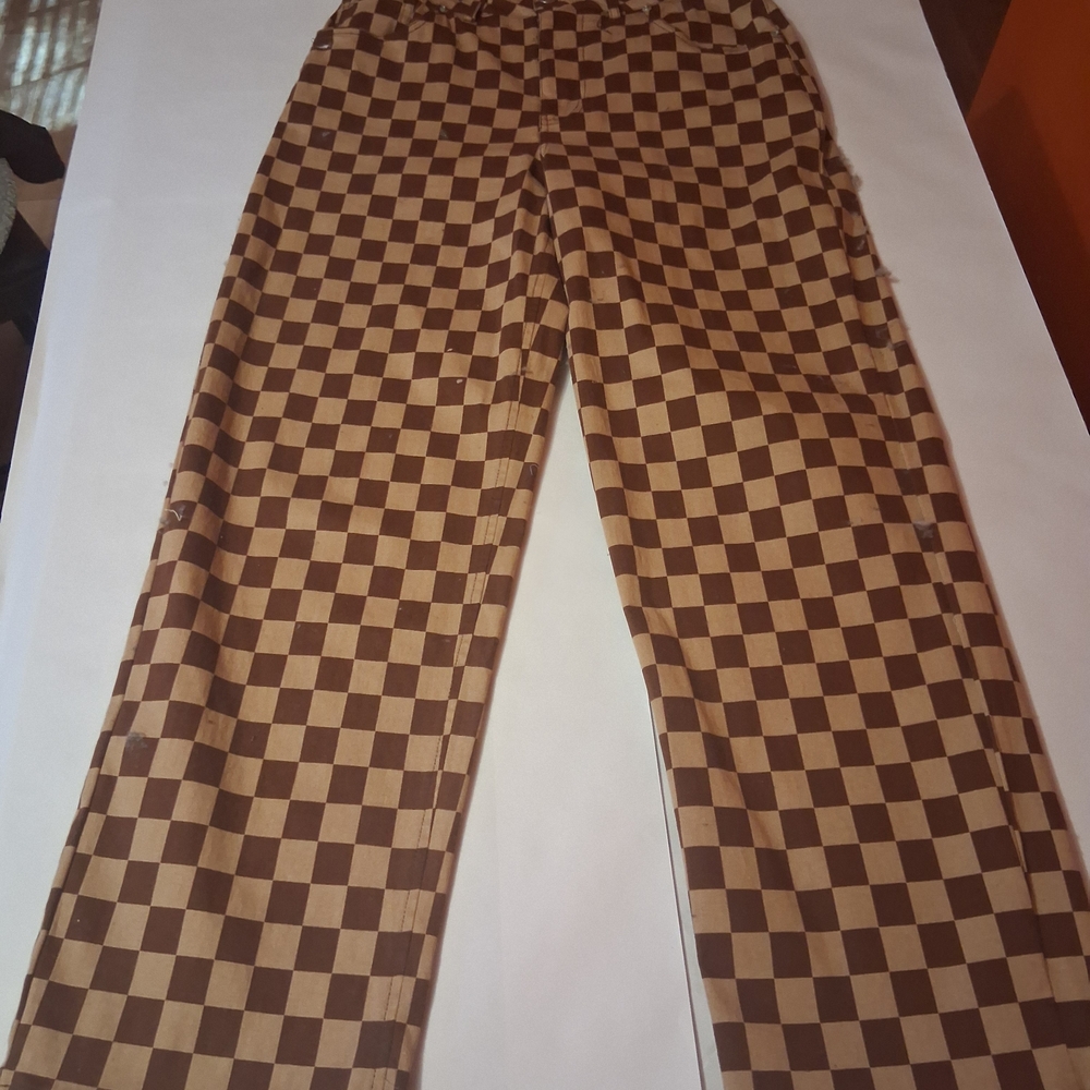 Women's Brown Checkered Boot Cut Jeans